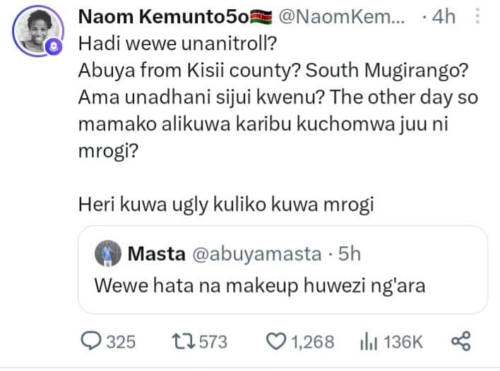 Naom kemunto5o naomkem 4h hadi wewe unanitroll? abuya from kisii county? south m