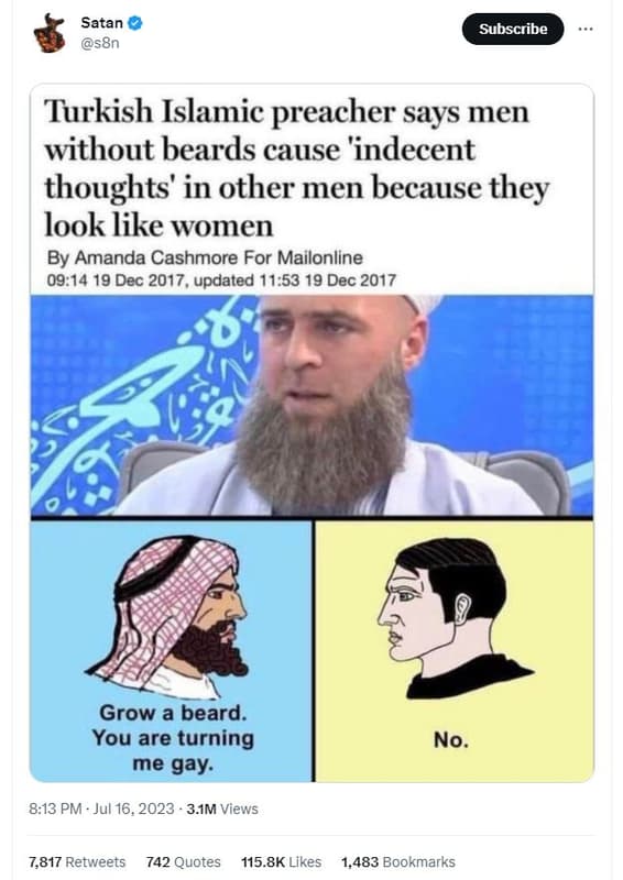Satan s8n subscribe turkish islamic preacher says men without beards cause 'inde