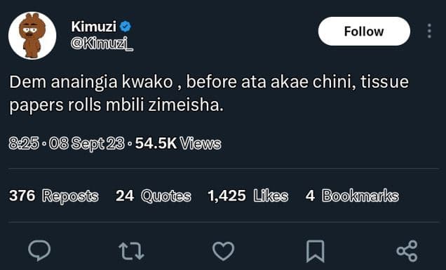 Kimuzi kimuzi_ follow dem anaingia kwako _ before ata akae chini, tissue papers