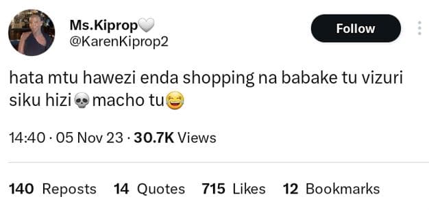 Ms. kiprop karenkiprop2 follow hata mtu hawezi enda shopping na babake tu vizuri