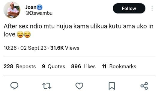 Joan itswambu follow after sex ndio mtu hujua kama ulikua kutu ama uko in love 1