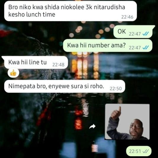 Bro niko kwa shida niokolee 3k nitarudisha kesho lunch time 2246 ok 2247 kwa hii