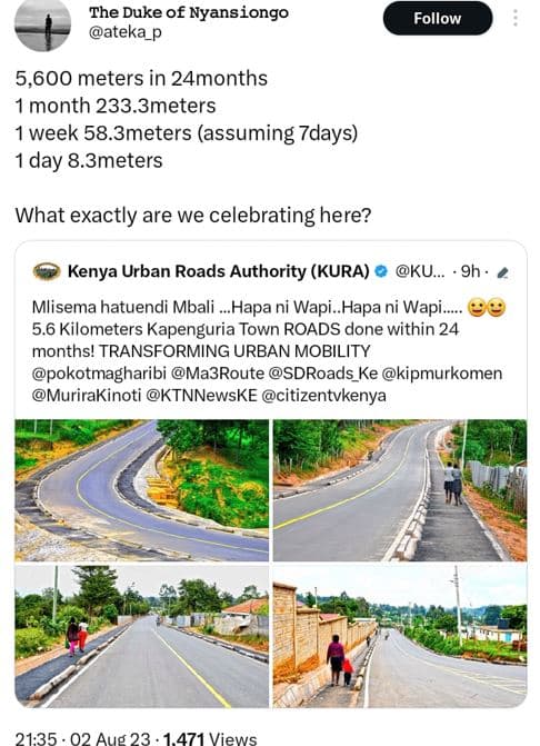 Ihe duke of nyansiongo ateka_p follow 5,600 meters in 24months month 233.3meters