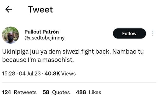 Tweet pullout patrón usedtobejimmy follow ukinipiga juu ya dem siwezi fight back