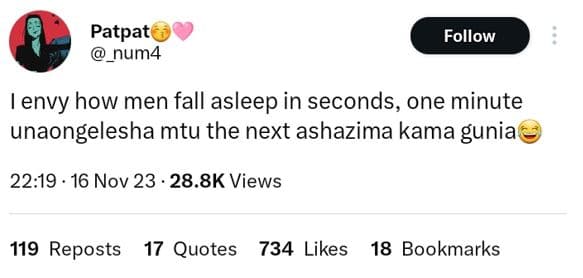 Patpat _num4 follow envy how men fall asleep in seconds, one minute unaongelesha