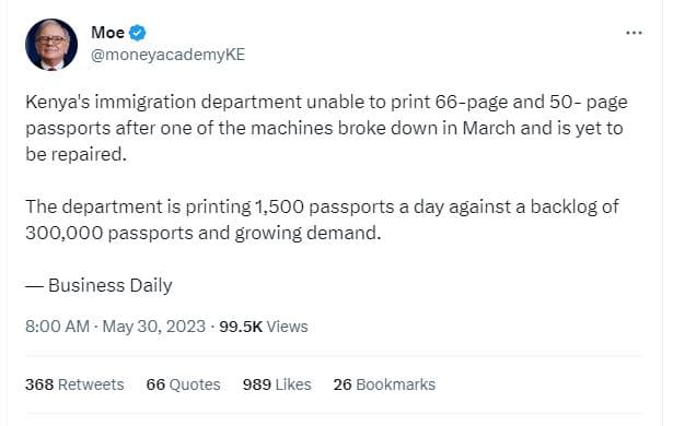 Moe moneyacademyke kenya's immigration department unable to print 66page and 50