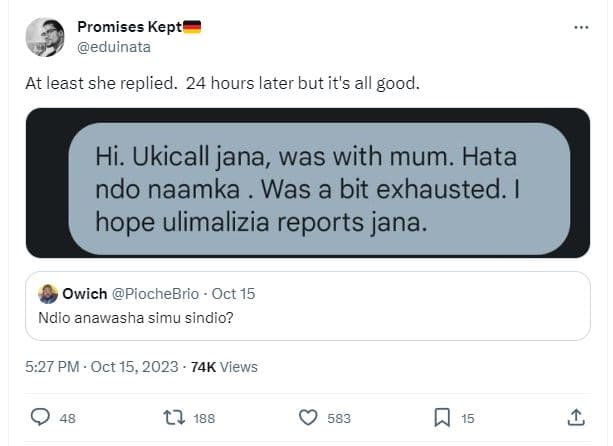 Promises kept eduinata at least she replied. 24 hours later but it's all good. h
