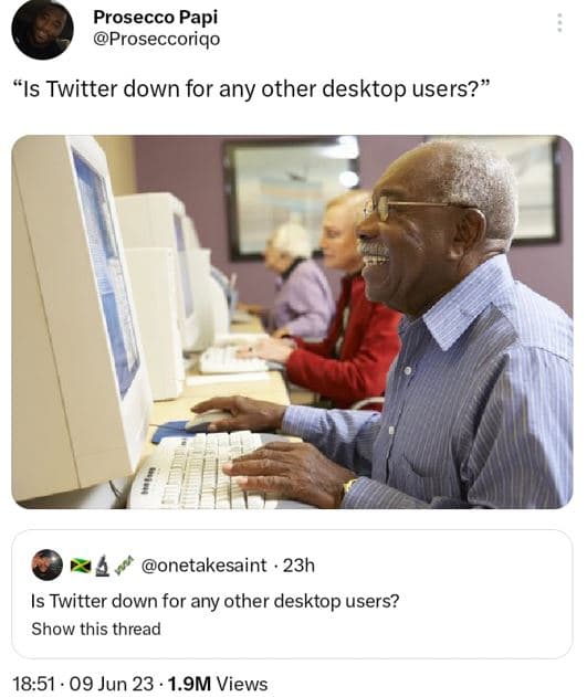 Prosecco papi proseccoriqo is twitter down for any other desktop users? onetakes