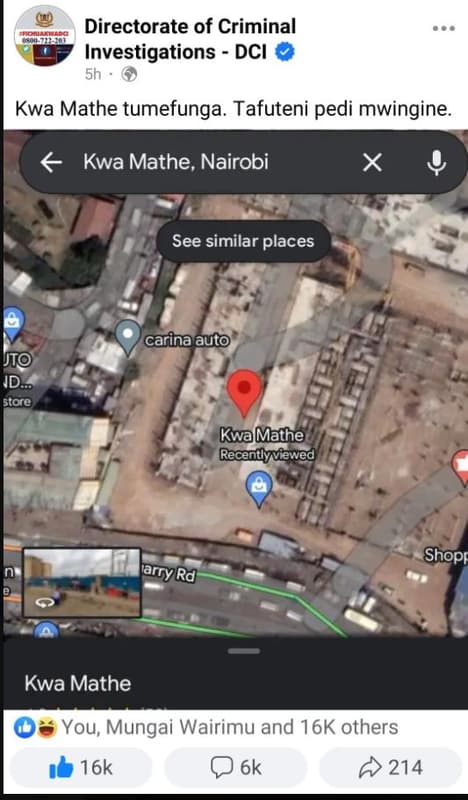 Directorate of criminal mlaamed investigations dci sh kwa mathe tumefunga. tafut