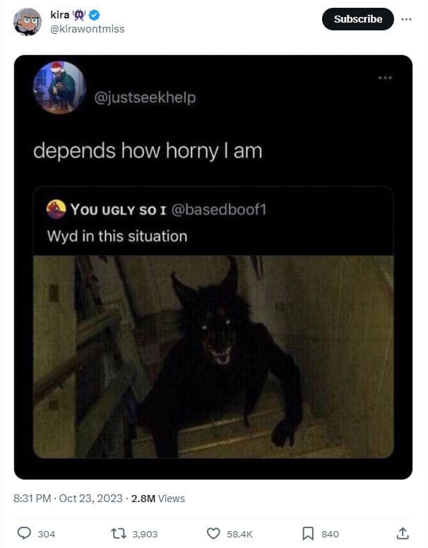 Kira '9 kirawontmiss subscribe justseekhelp depends how horny am you ugly so i b