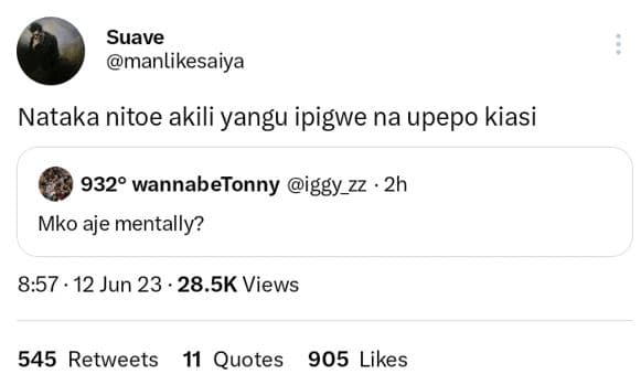 Suave manlikesaiya nataka nitoe akili yangu ipigwe na upepo kiasi wannabetonny i
