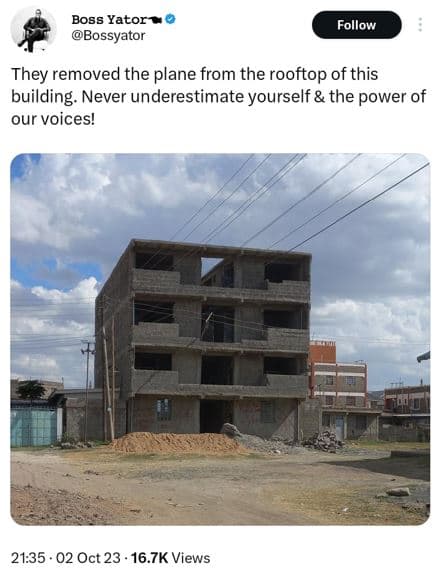 Boss yator bossyator follow they removed the plane from the rooftop of this buil