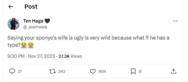 Post ten haga wamwea saying your sponyo's wife is ugly is very wild because what