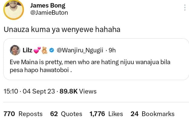 James bong jamiebuton unauza kuma ya wenyewe hahaha lilz wanjiru_ngugii 9h eve m