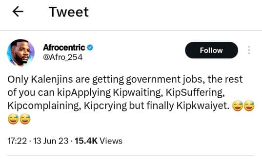 Tweet afrocentric afro 254 follow only kalenjins are getting government jobs, th
