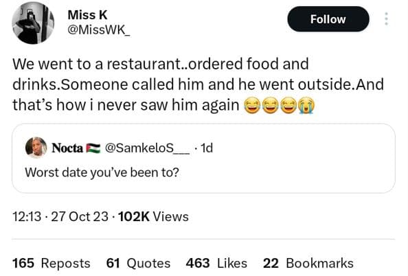 Miss k misswk follow we went to a restaurantordered food and drinks.someone call