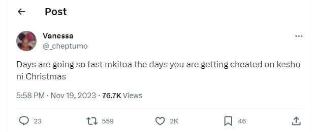 Post vanessa cheptumo days are going s0 fast mkitoa the days you are getting che