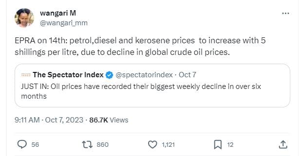 Wangari m wangari_mm epra on 14th petrol,diesel and kerosene prices to increase