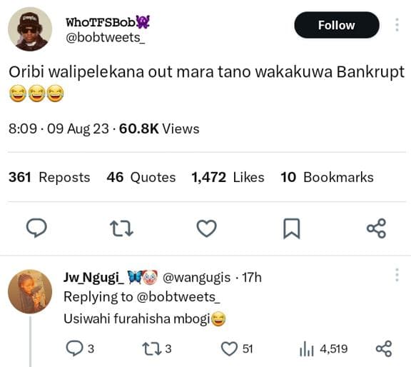 Whotfsbobw bobtweets follow oribi walipelekana out mara tano wakakuwa bankrupt 8