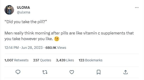 Uloma ulxma did you take the pill? men really think morning after pills are like