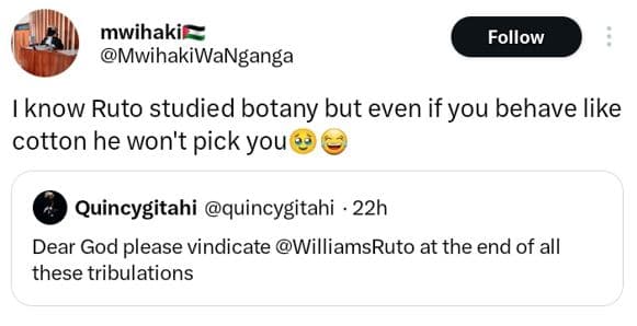 Mwihakil mwihakiwanganga follow know ruto studied botany but even if you behave