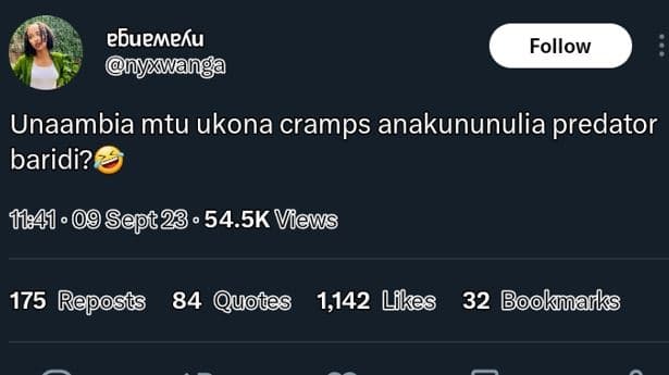 Ebuemeku nyxwanga follow unaambia mtu ukona cramps anakununulia predator baridi?