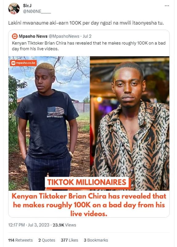 Sir j noone lakini mwanaume akiearn 1ook per day ngozi na mwili itaonyesha tu. m