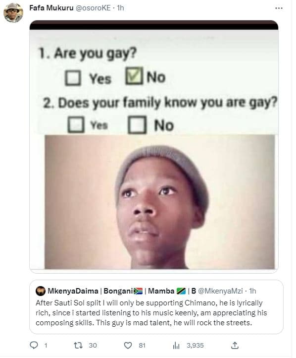 Fafa mukuru osoroke 1 are you gay? yes no 2 does your lamily know you are gay? y