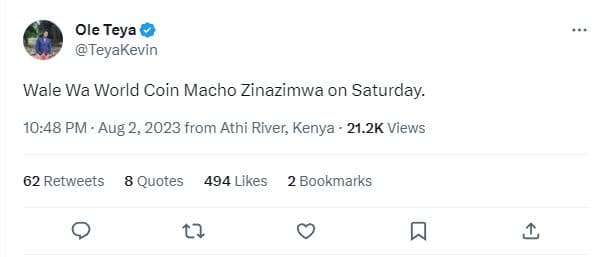 Ole teya teyakevin wale wa world coin macho zinazimwa on saturday. 10.48 pm aug