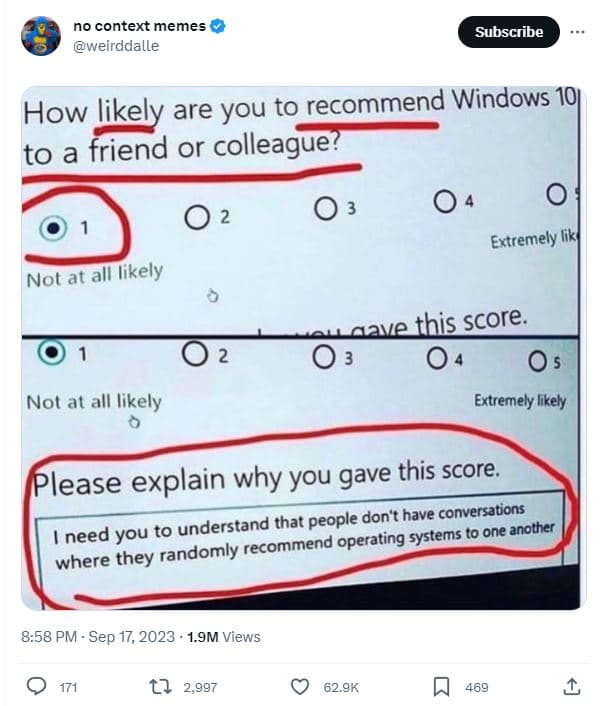 No context memes weirddalle subscribe how likely are you to recommend windows 10