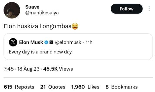 Suave manlikesaiya follow elon huskiza longombas elon musk elonmusk 11h every da