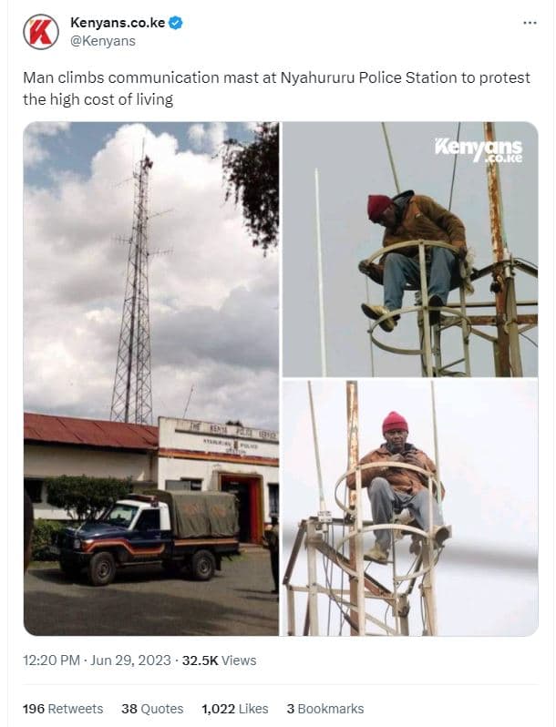 Kenyans.co.ke kenyans man climbs communication mast at nyahururu police station