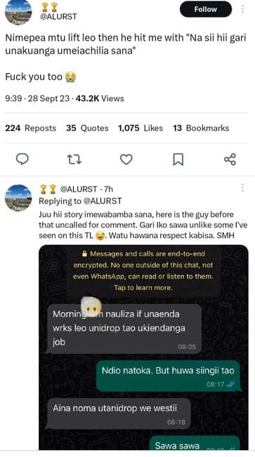 Follow alurst nimepea mtu lift leo then he hit me with 'na sii hii gari unakuang