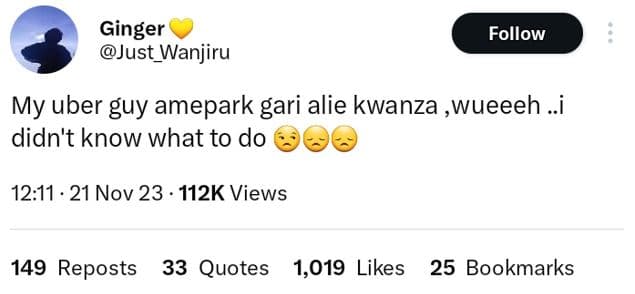 Ginger just_wanjiru follow my uber guy amepark gari alie kwanza ,wueeeh _i didn'