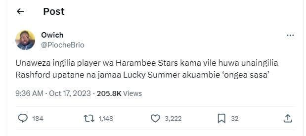 Post owich piochebrio unaweza ingilia player wa harambee stars kama vile huwa un