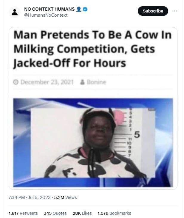No context humans 2 humansnocontext subscribe man pretends to be a cow in milkin