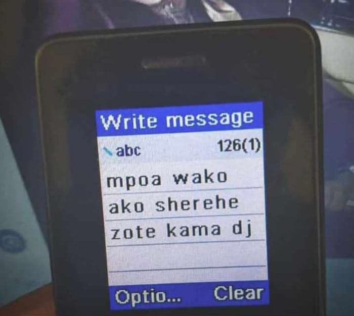 Write message abc 1261 mpoa wako ako sherehe zote kama dj optio_ clear