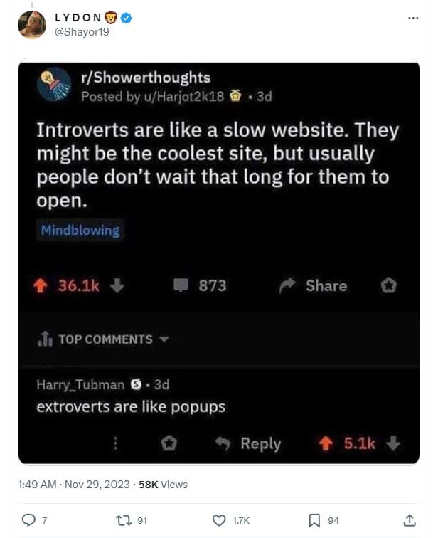 Lydon shayor19 rshowerthoughts posted by uharjot2k18 3d introverts are like a sl