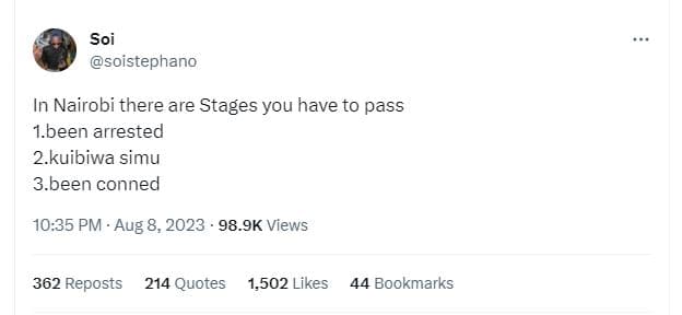 Soi soistephano in nairobi there are stages you have to pass 1been arrested 2kui