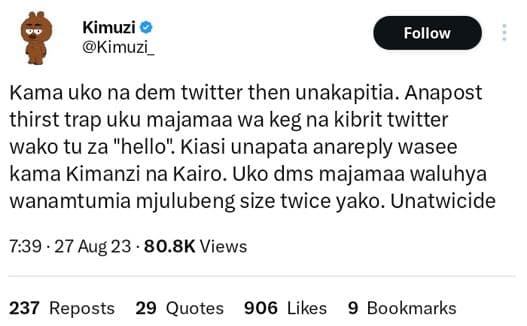 Kimuzi kimuzi _ follow kama uko na dem twitter then unakapitia. anapost thirst t