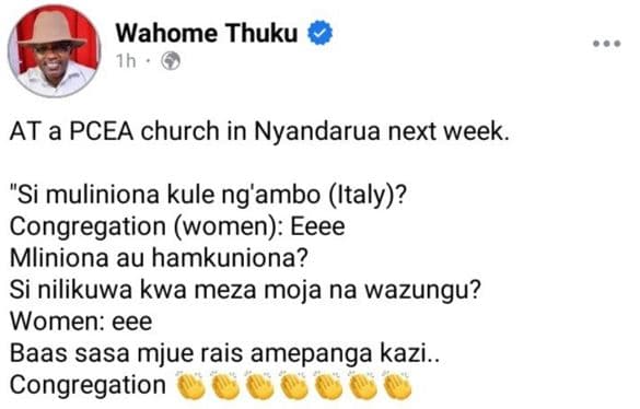 Wahome thuku ih at a pcea church in nyandarua next week. si muliniona kule ng'am