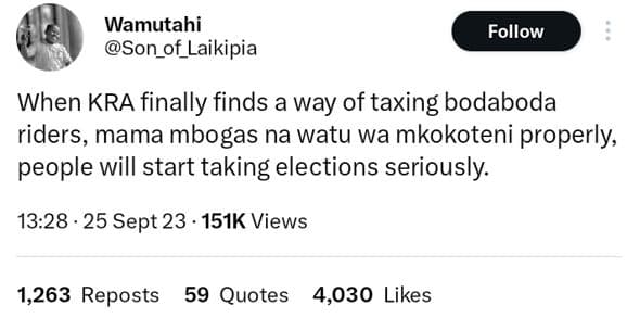 Wamutahi son of_laikipia follow when kra finally finds a way of taxing bodaboda