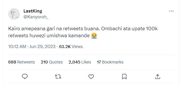 Lastking kanyoroh _ kairo amepeana gari na retweets buana. ombachi ata upate 1oo