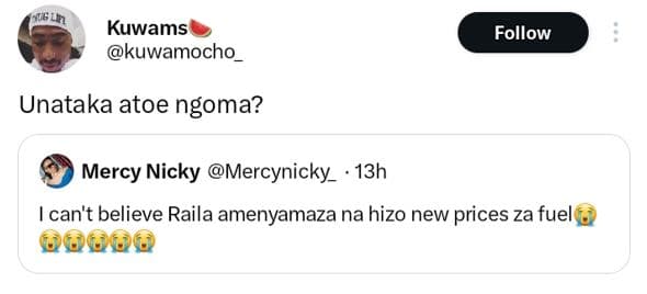 Kuwams kuwamocho follow unataka atoe ngoma? mercy nicky mercynicky_ 13h can't be