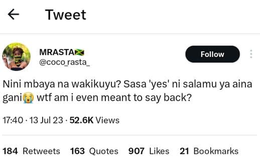 Tweet mrasta coco_rasta follow nini mbaya na wakikuyu? sasa 'yes' ni salamu ya a