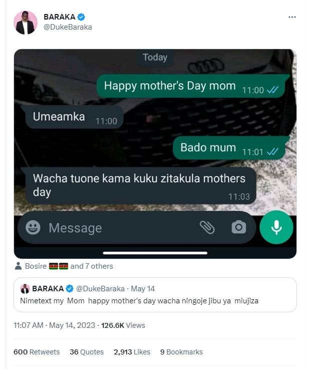 Baraka dukebaraka today qu happy mother's day mom 1100 v umeamka 11,00 bado mum