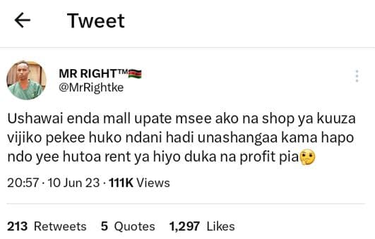Tweet mr righttm mrrightke ushawai enda mall upate msee ako na shop ya kuuza vij