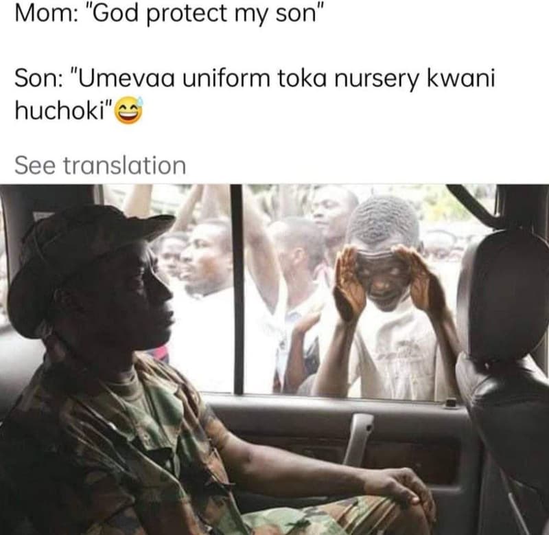 Mom god protect my son son umevaa uniform toka nursery kwani huchoki see transla