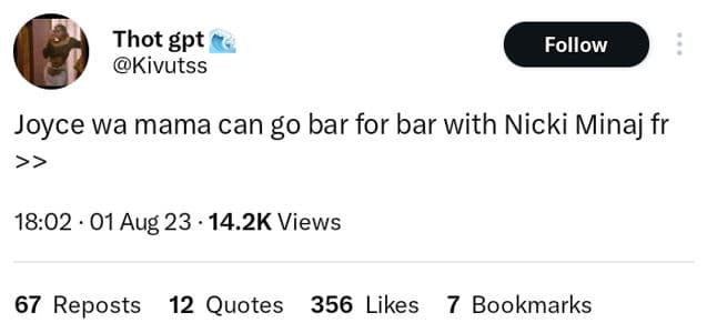 Thot gpt kivutss follow joyce wa mama can g0 bar for bar with nicki minaj fr 18.