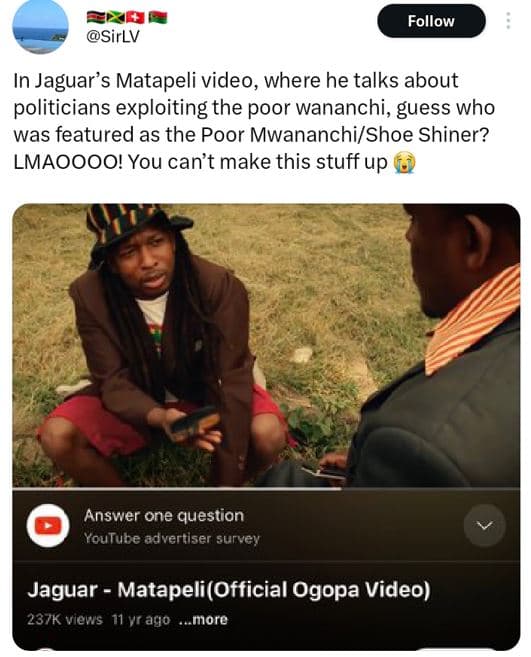 Follow sirlv in jaguar's matapeli video where he talks about politicians exploit
